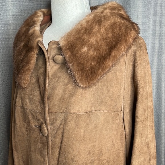VINTAGE SUEDE WOMENS LONG JACKET WITH FUR NECKLINE SIZE MEDIUM - Picture 5 of 11